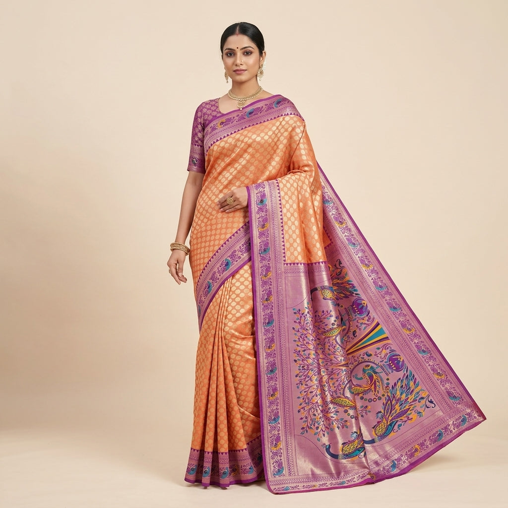 Women’s Banarasi silk saree in orange-brown with purple border and pallu peacock print