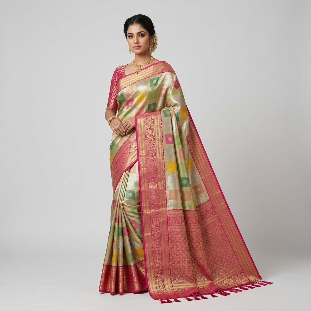 Woman wearing multicolor silk saree with red-pink pallu border and geometric print