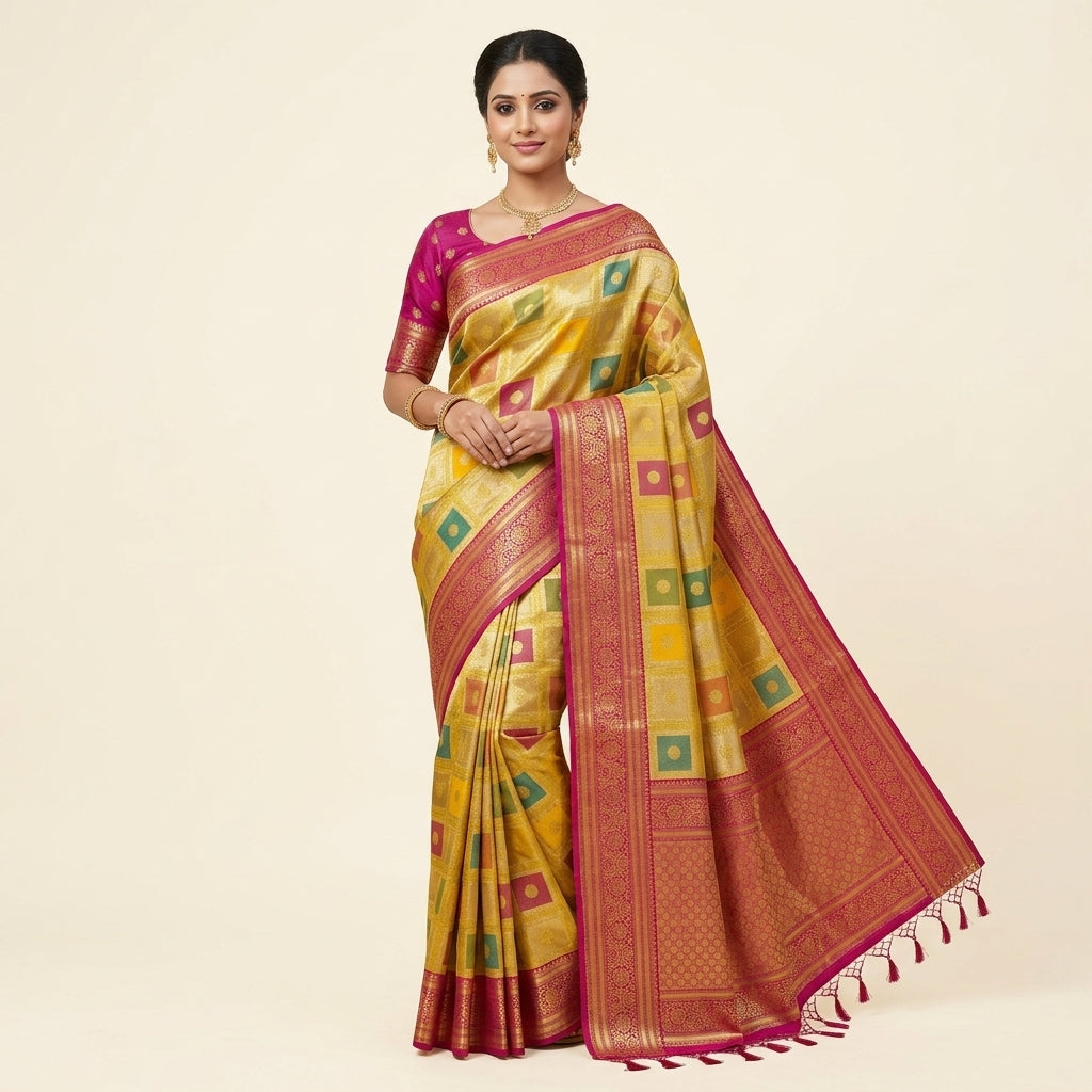 Banarasi silk saree worn by model, yellow and pink with zari borders and tassels