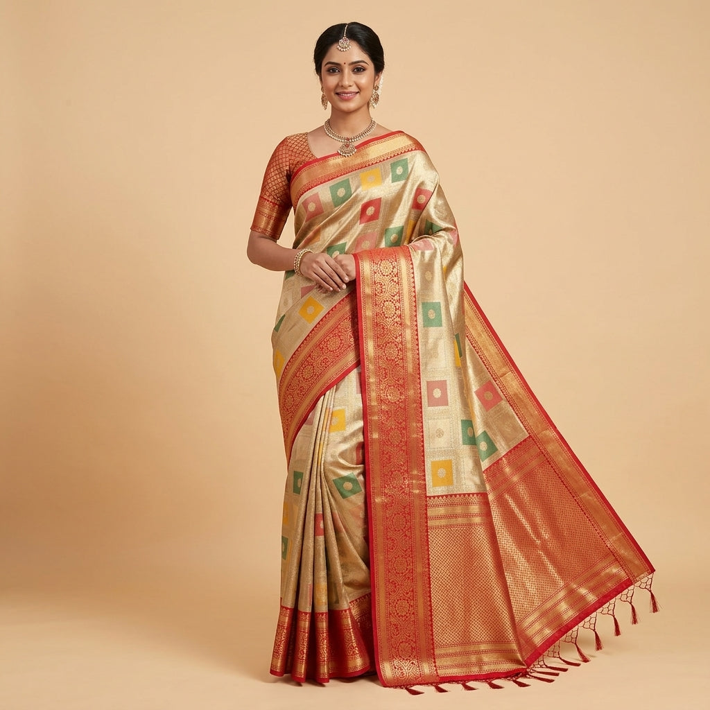 Woman wearing gold and red Banarasi silk saree with geometric motifs and red pallu border