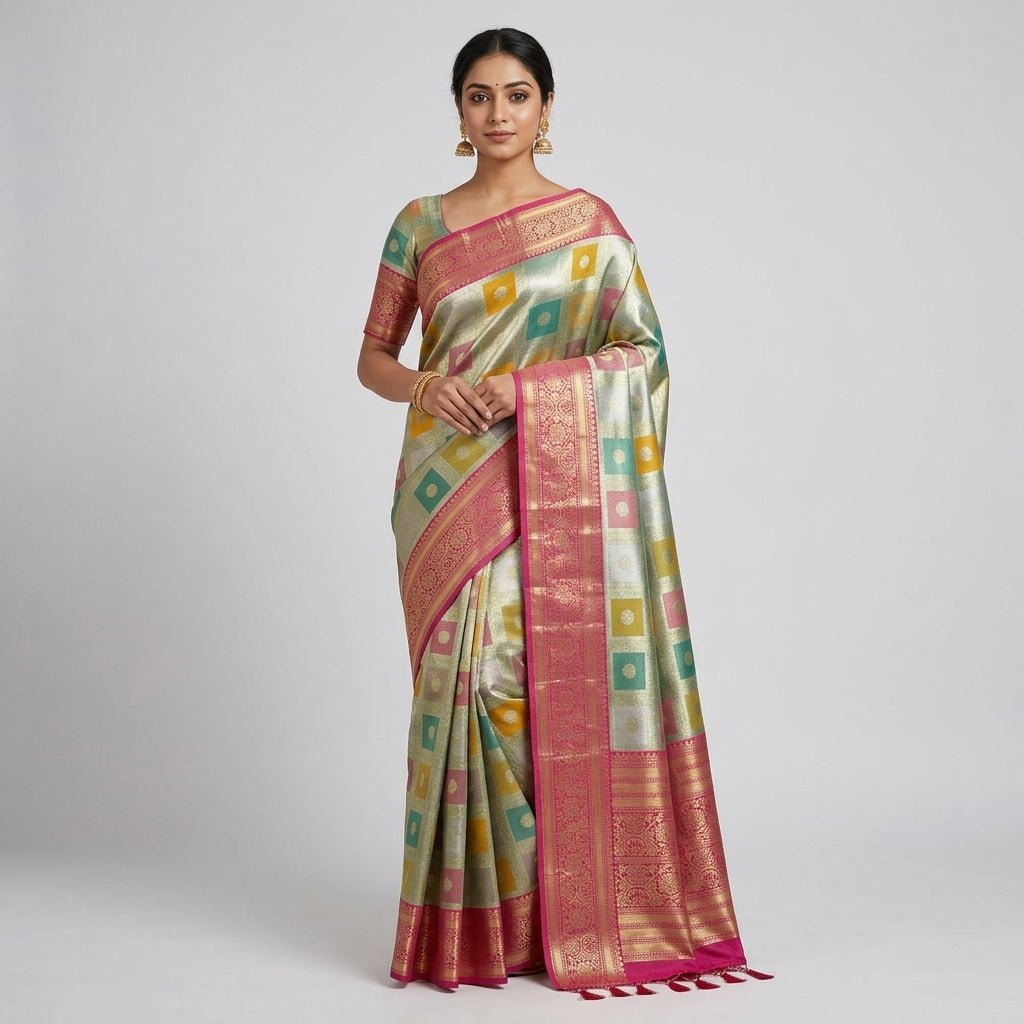 Women's pastel silk saree with teal and green motifs and pink-gold border