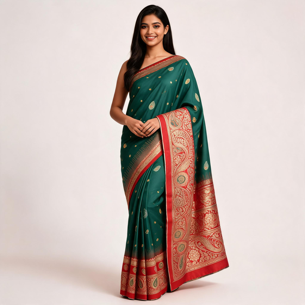 Teal green Banaras silk saree with red border, gold dot motifs, and ornate pallu