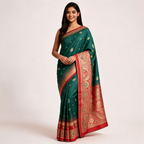 Teal green Banaras silk saree with red border, gold dot motifs, and ornate pallu