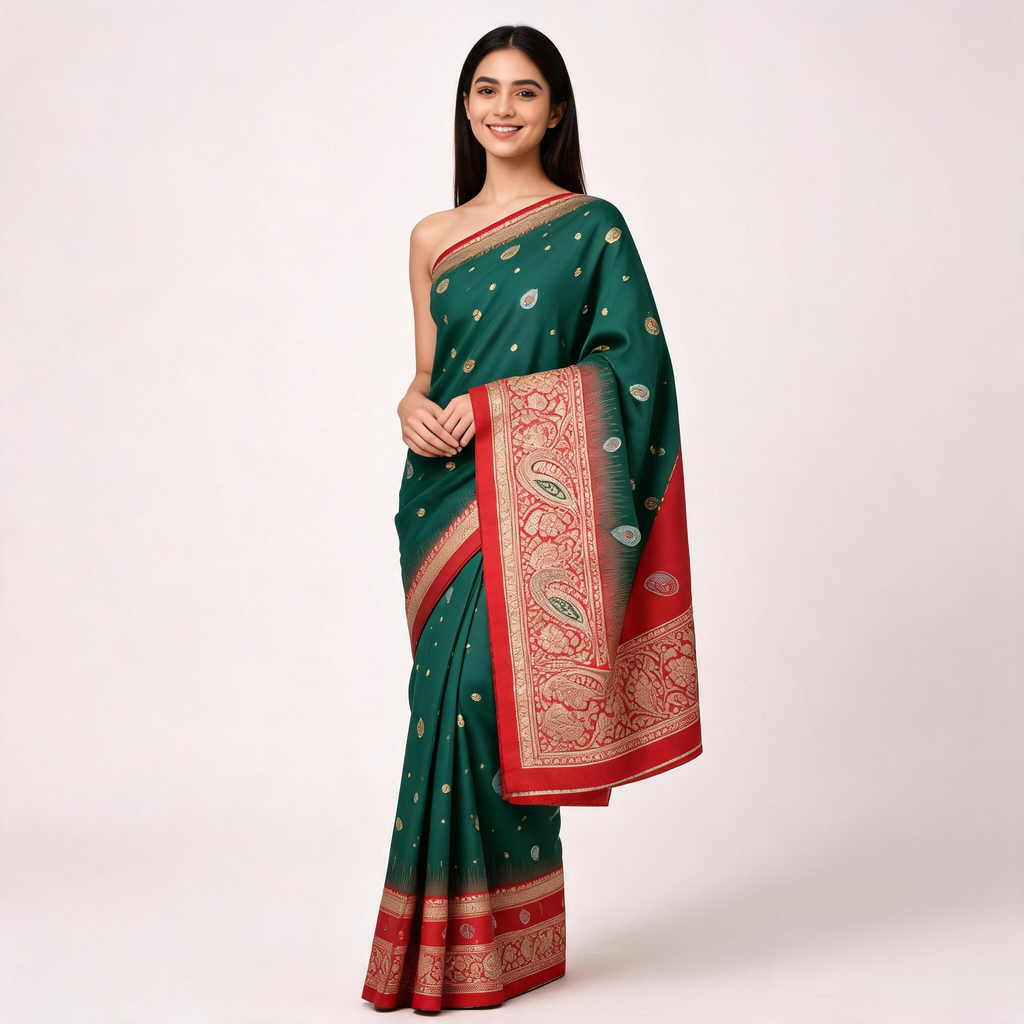 Teal green Banaras silk saree draped on shoulder with red border and gold motifs