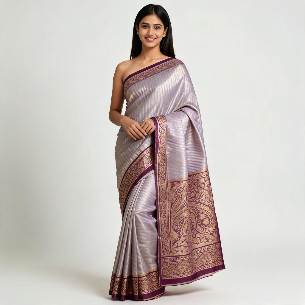 Silver and purple Banarasi silk saree with ornate woven border and pallu