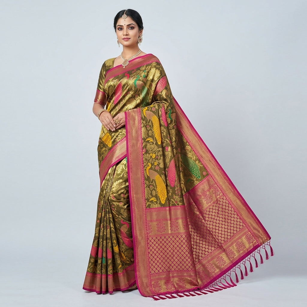 Woman wearing olive and pink saree with gold motifs and magenta border