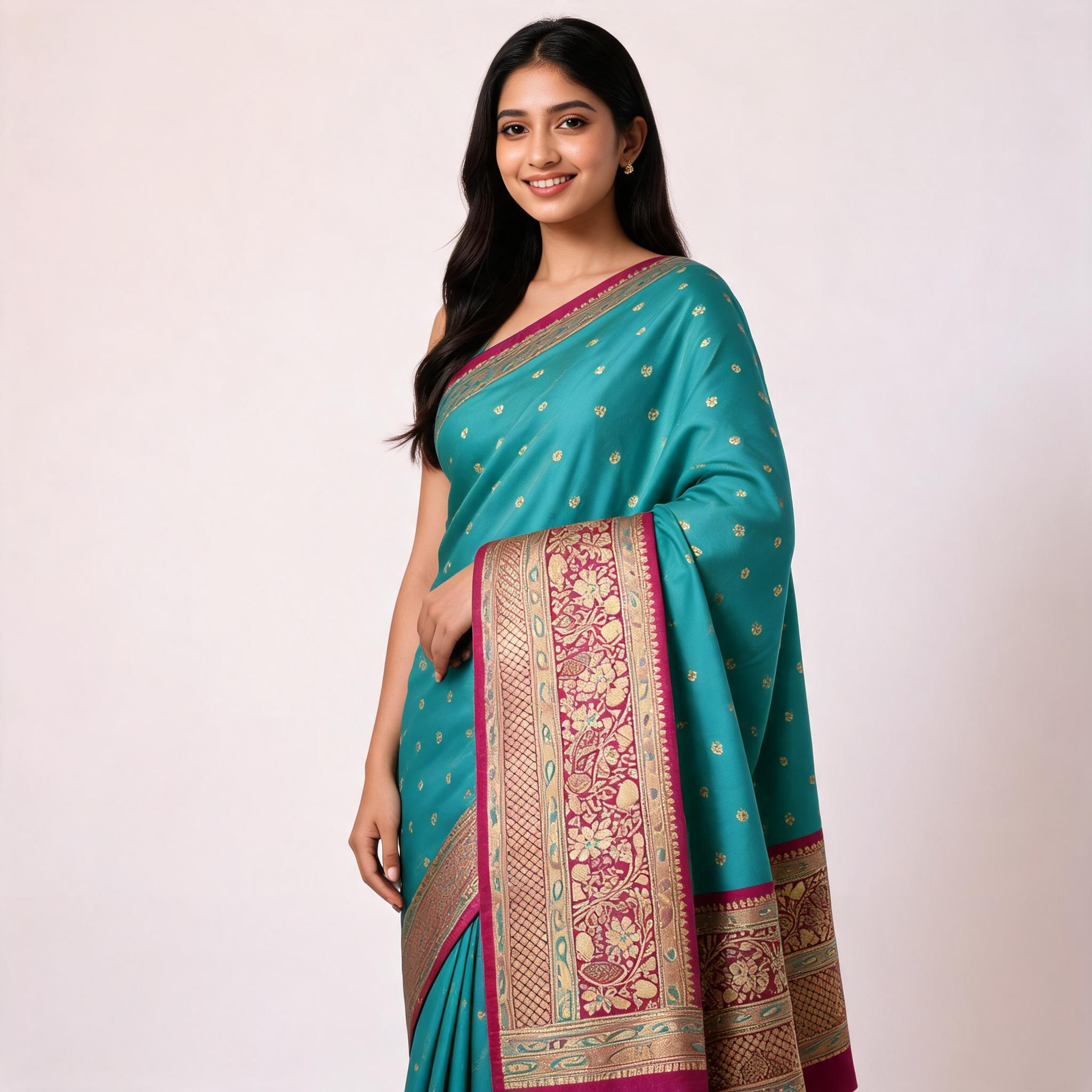 Turquoise Banarasi silk saree worn by model with maroon-gold patterned pallu