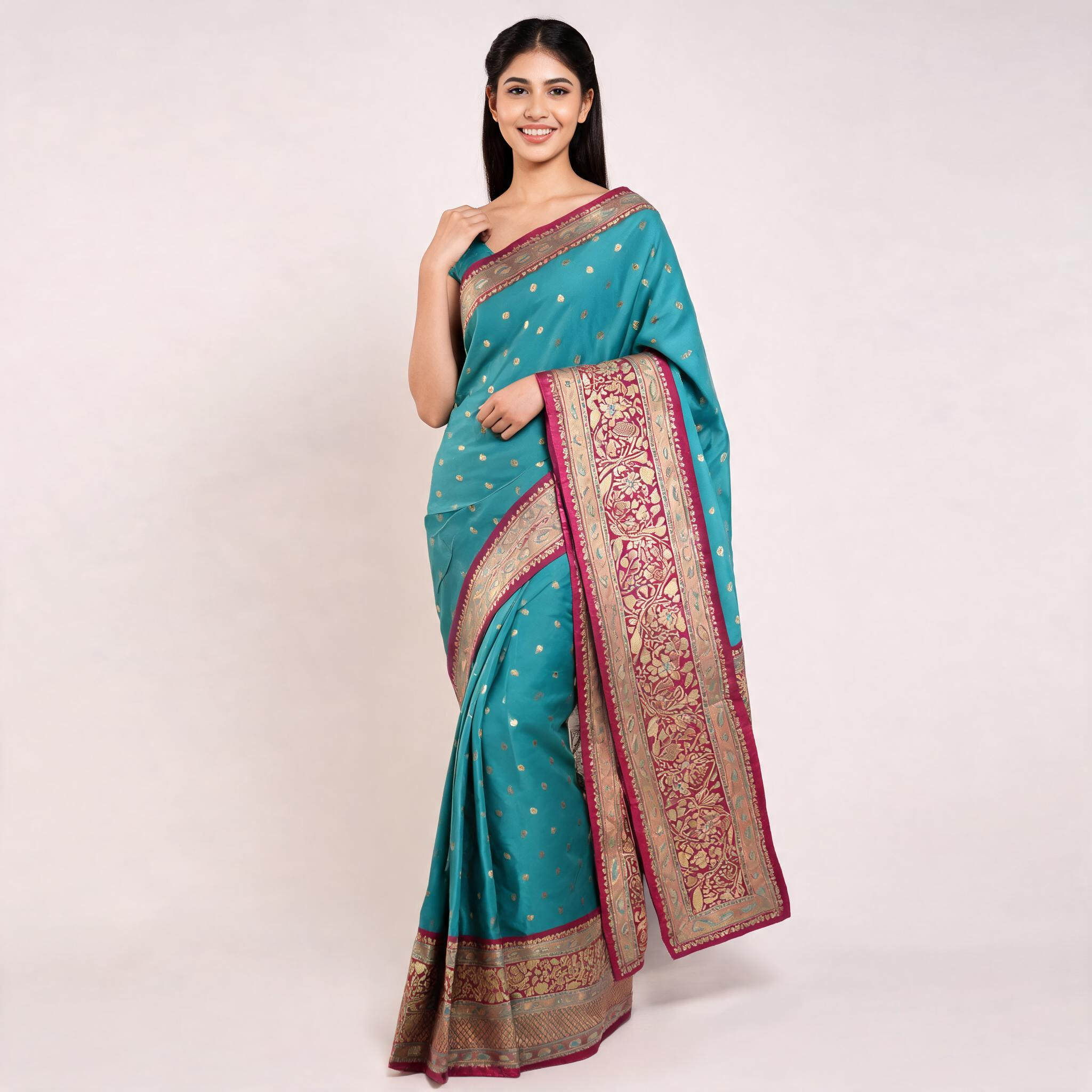 Turquoise Banarasi silk saree with maroon-gold border and patterned pallu, unstitched blouse