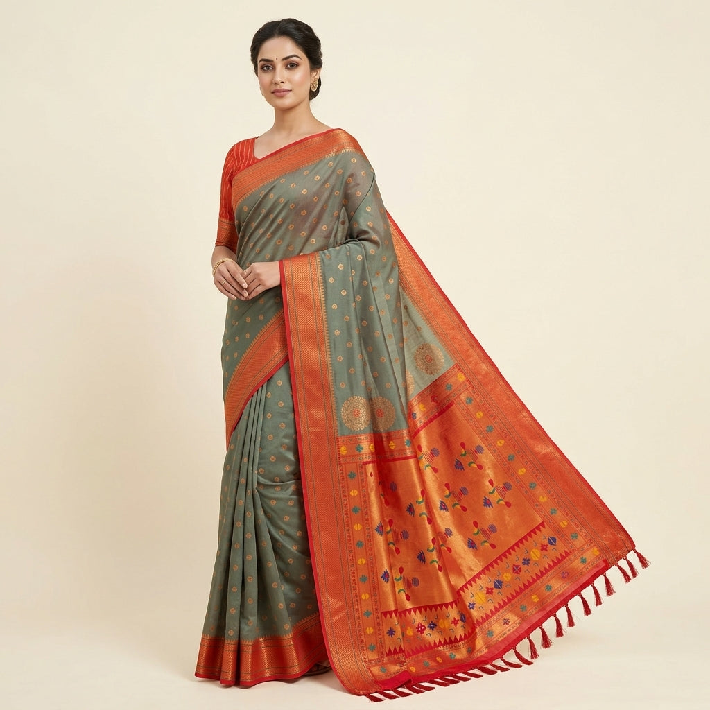 Women's saree in grey-green silk with orange pallu, multicolor border, and fringed hem