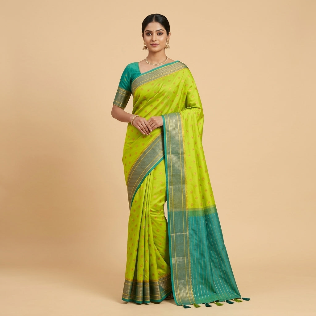 Model wearing neon yellow sari with teal-blue border and red-gold motif detail