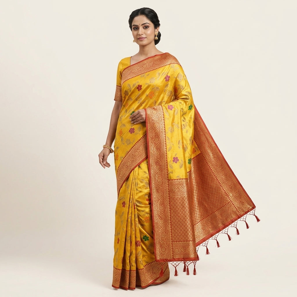 Woman wearing mustard yellow silk saree with red-gold border and floral motifs