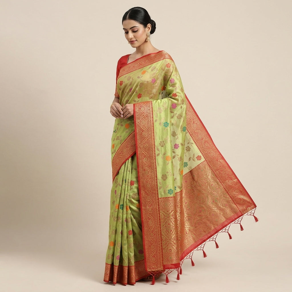 Woman wearing light green silk saree with red-gold border and tassel trim