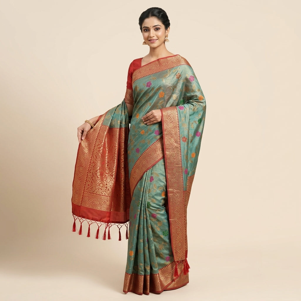 Women wearing sky-blue silk saree with red-gold border and floral pallu motifs