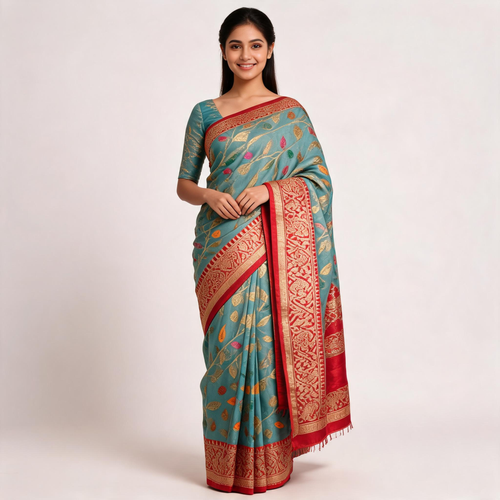 Turquoise Kanchipuram silk saree with red border and patterned pallu, unstitched blouse