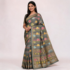 Dark grey silk saree with multicolor floral prints and gold border
