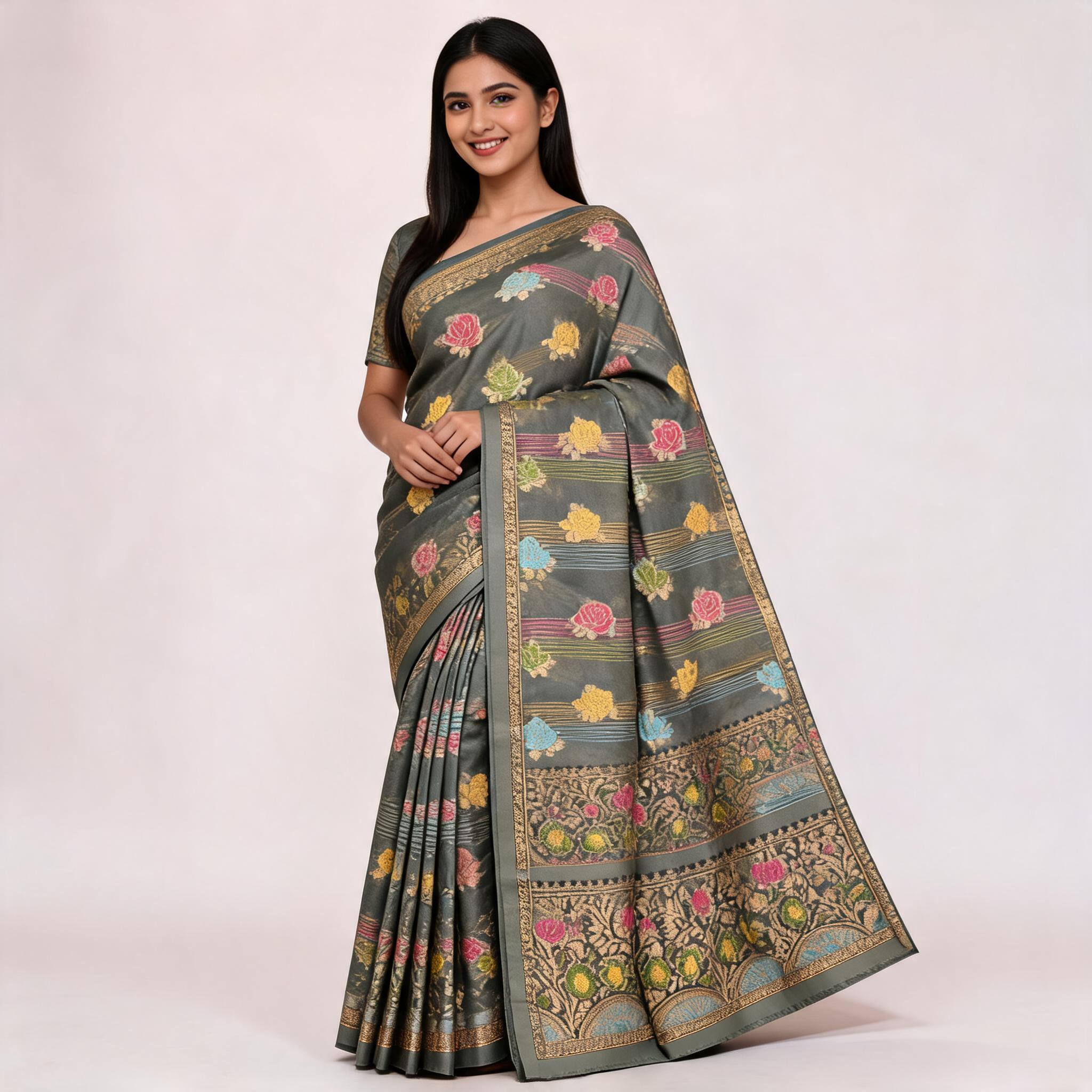 Dark grey silk saree with multicolor floral prints and gold border