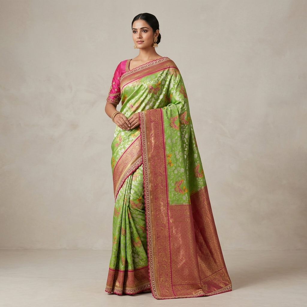 Light green and pink silk saree worn by model, gold border and woven pallu