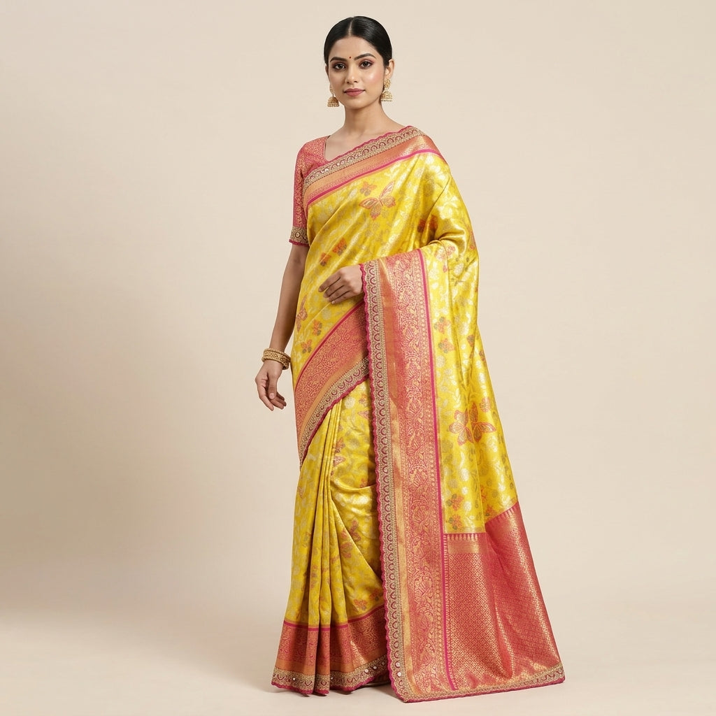 Banarasi silk saree in yellow with pink border, worn by model with drape