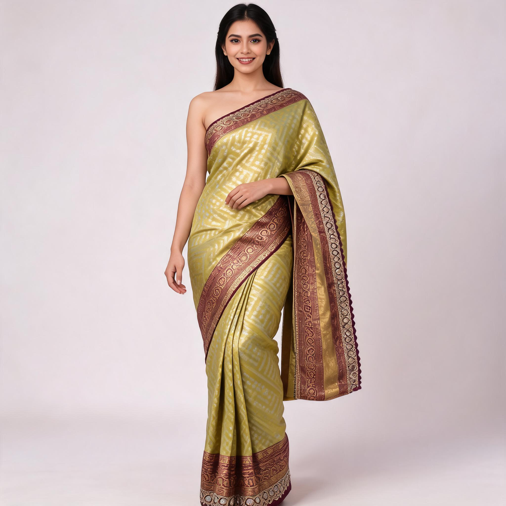 Banarasi silk saree worn on shoulder, olive green with maroon and gold border
