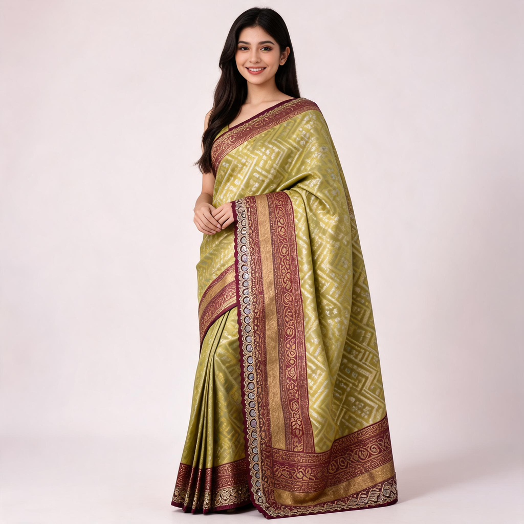 Banarasi silk saree in olive green with maroon border and gold zari details