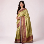 Banarasi silk saree in olive green with maroon border and gold zari details