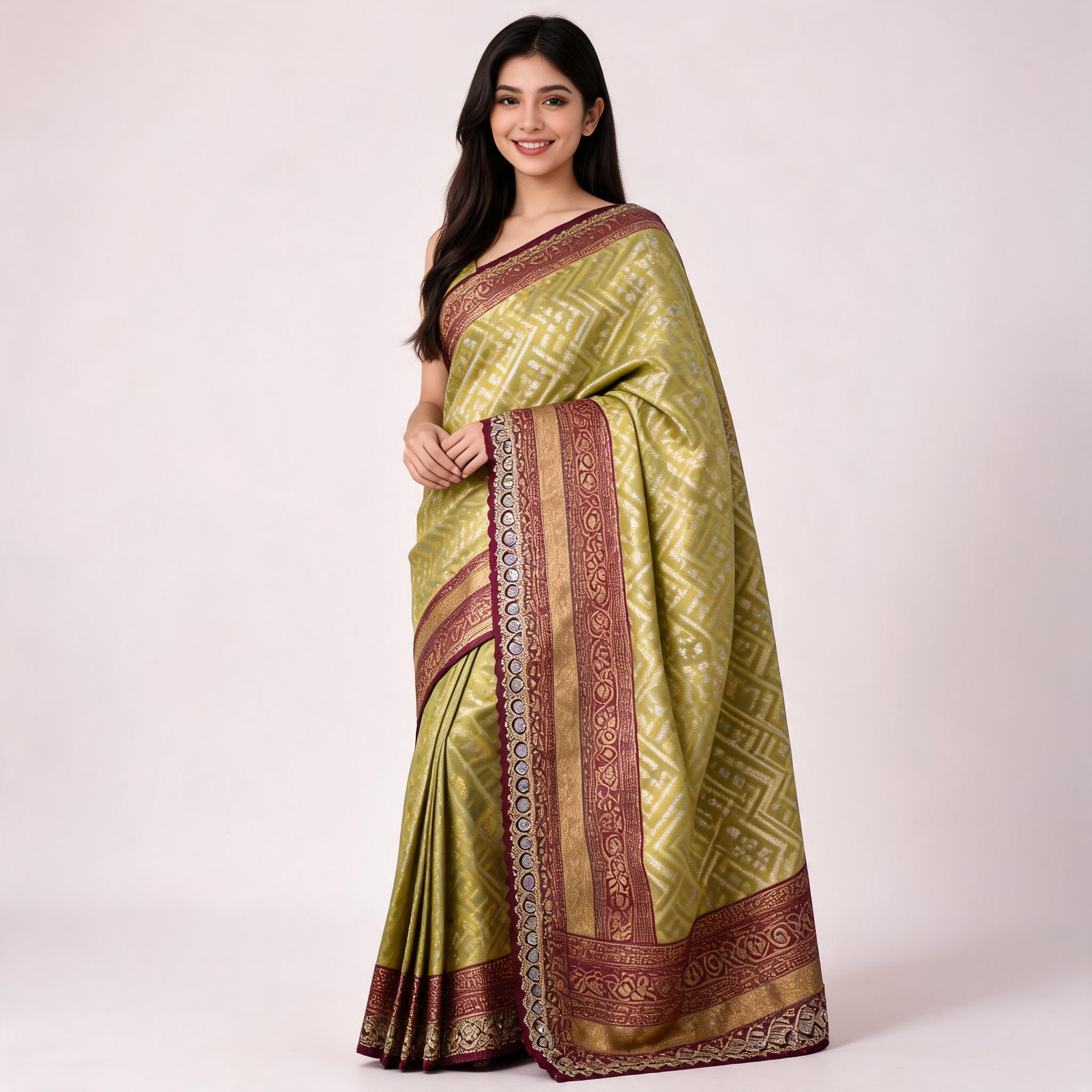 Banarasi silk saree in olive green with maroon border and gold zari details