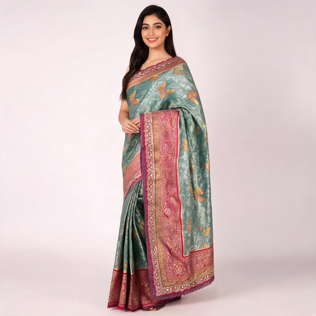 Teal-green and pink Banarasi silk saree with ornate gold border and patterned pallu