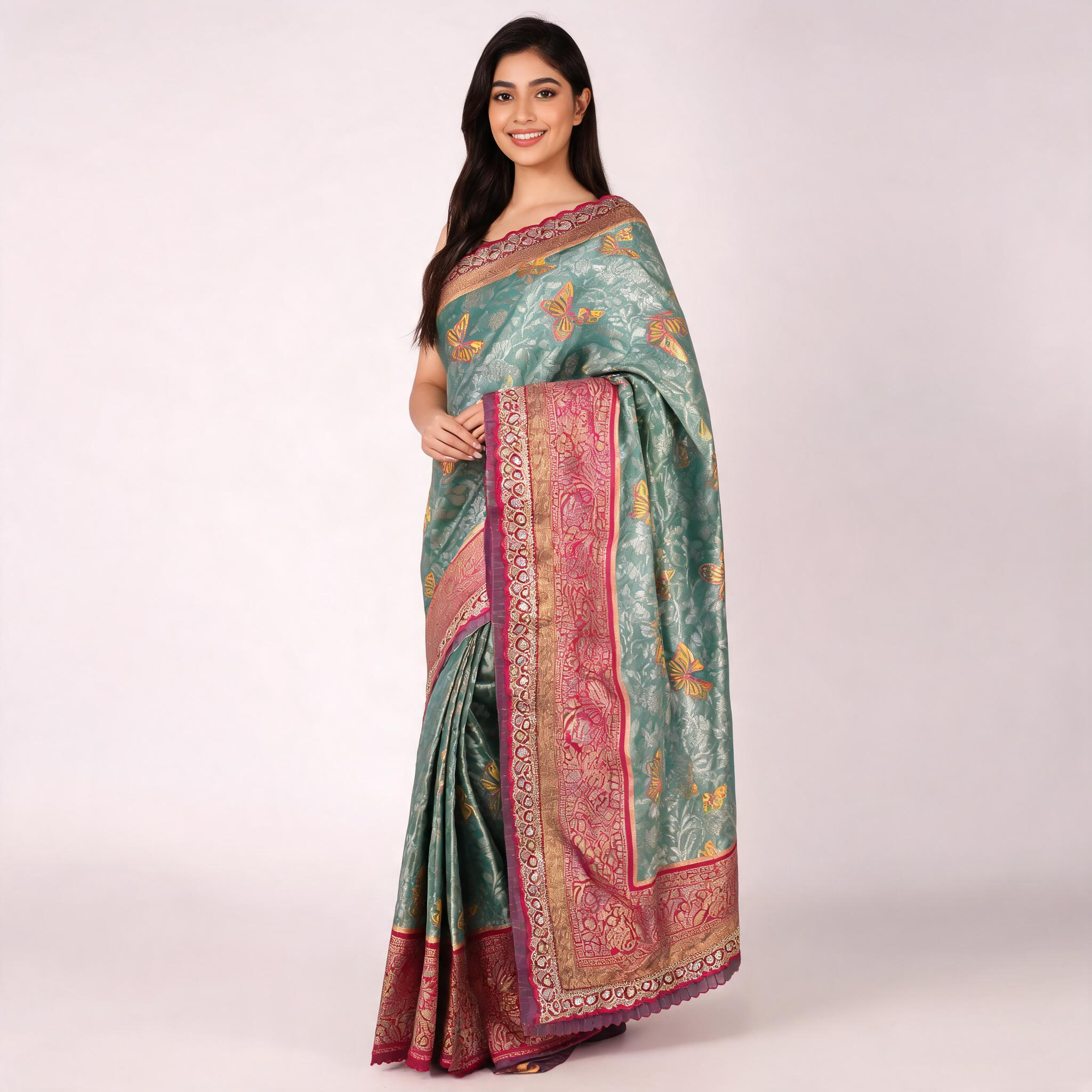 Teal-green and pink Banarasi silk saree with ornate gold border and patterned pallu