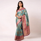 Women wearing teal-green and pink Banarasi silk saree with patterned pallu and border