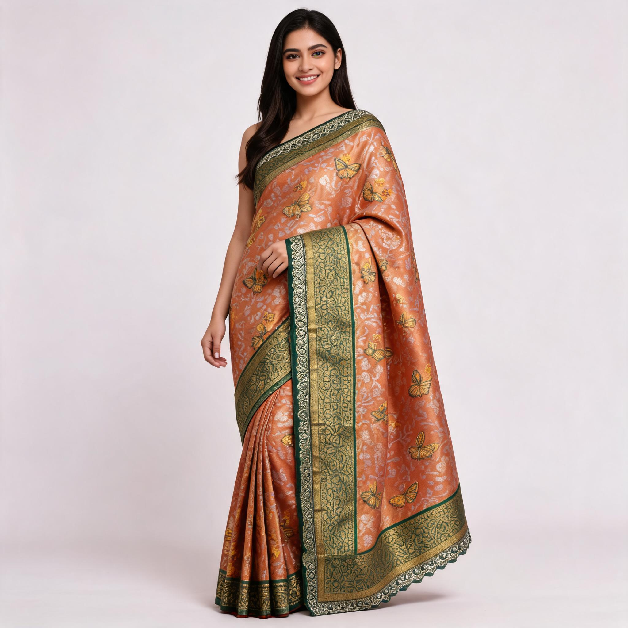 Peach and olive Banarasi silk saree, floral motifs, ornate green border