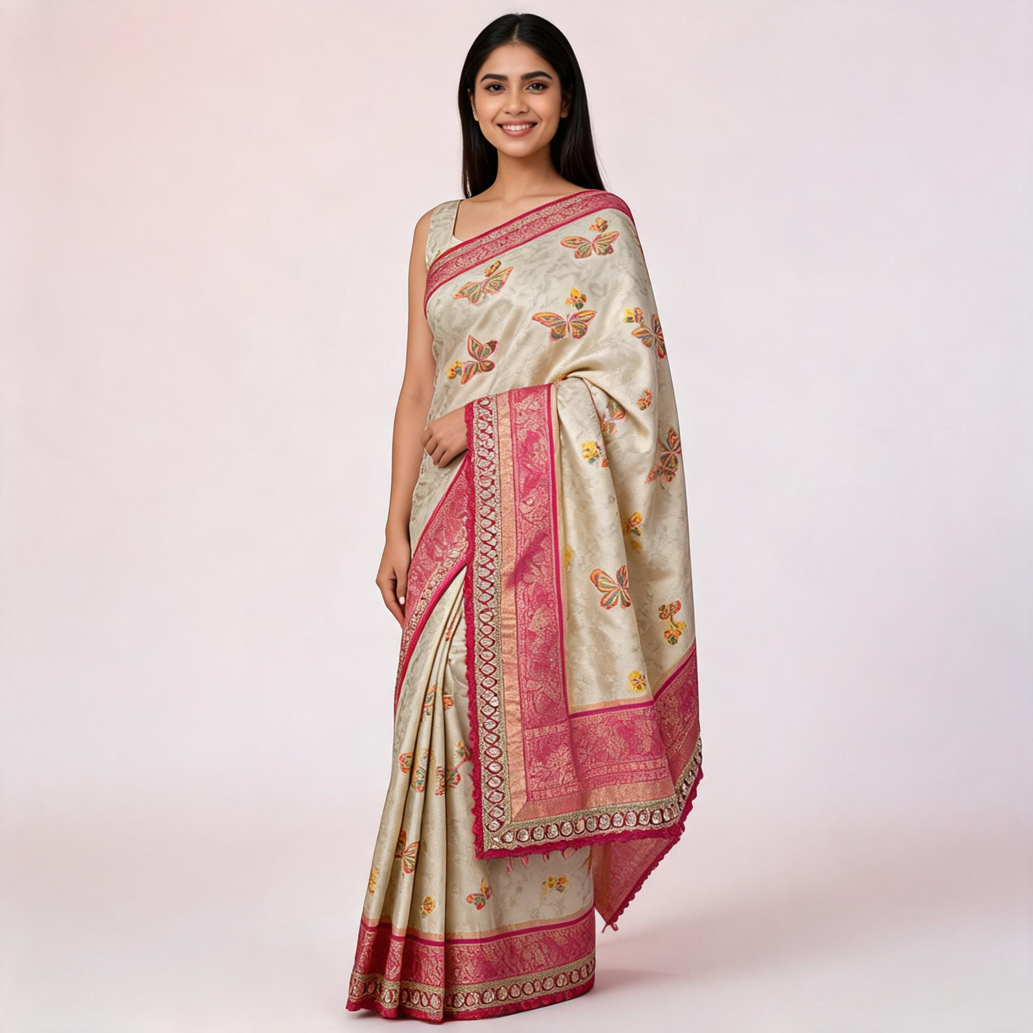Off-white and pink Banarasi silk saree with ornate border, worn with unstitched blouse