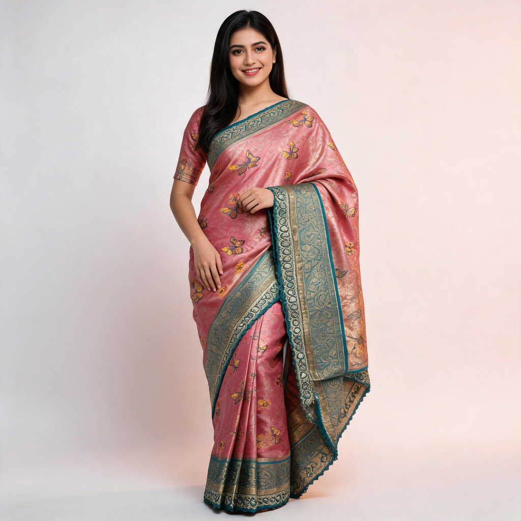 Pink Banarasi silk saree with teal border and floral motifs
