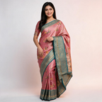 Pink Banarasi silk saree with teal border and floral motifs