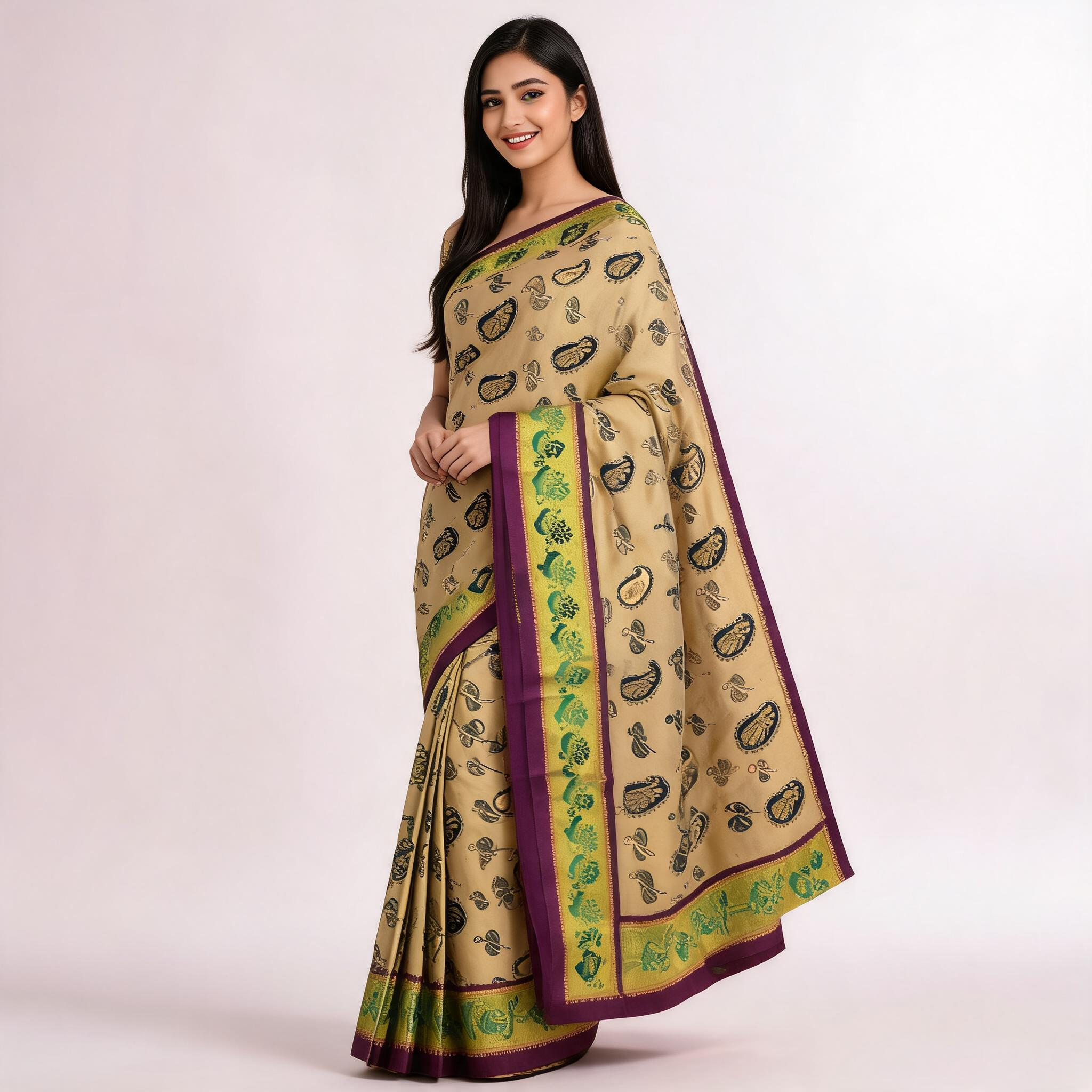 Beige and purple Kanchipuram silk saree with green border and patterned motifs