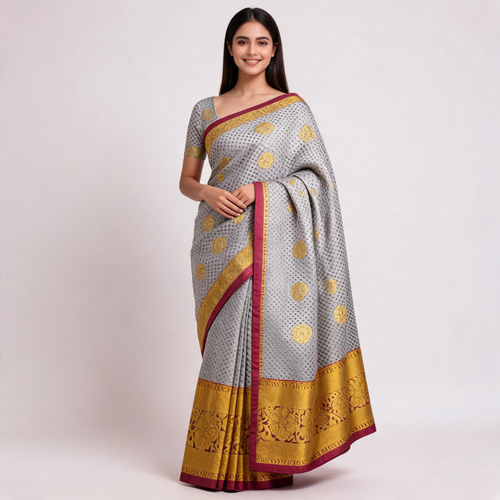 Grey silk saree with mustard border and gold motifs, shown draped on model