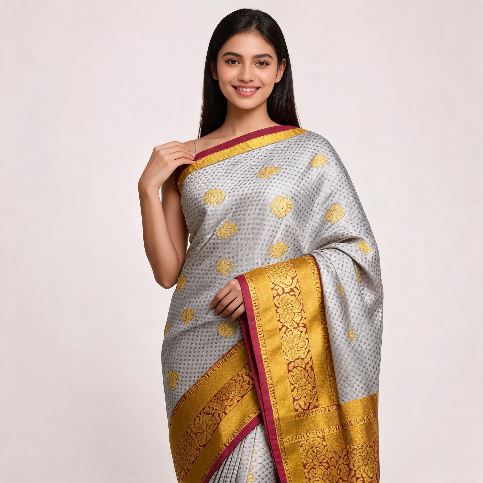 Grey silk saree with mustard-gold border and scattered gold motifs, draped on model
