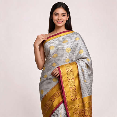 Grey silk saree with mustard-gold border and scattered gold motifs, draped on model
