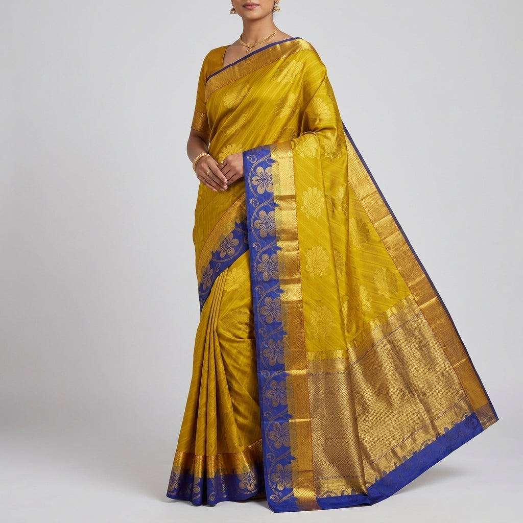 Yellow silk saree worn with royal blue pallu, gold trim, and floral border