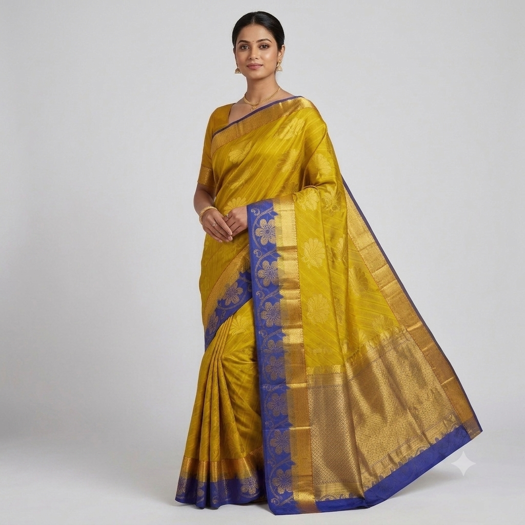 Yellow silk saree with royal blue pallu, gold trim, floral border; blouse unstitched