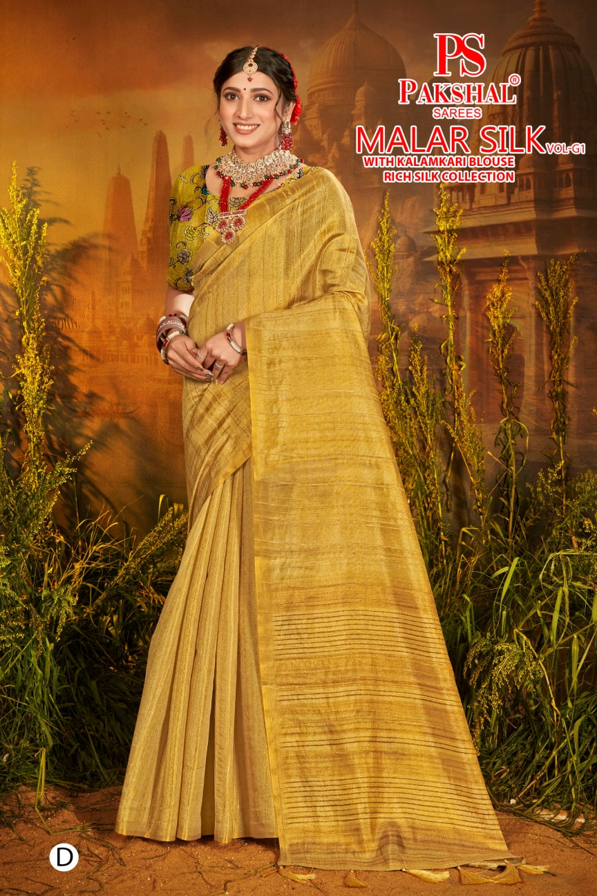 Mustard-yellow tissue silk saree with border detailing and printed blouse