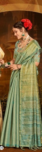 Aqua tissue silk saree with border pattern and printed blouse, side view