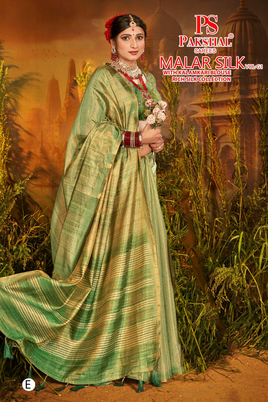 Olive-green tissue silk saree with striped border and printed blouse