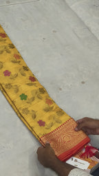 Mustard Yellow And Red Kanchipuram Silk Saree For women With Unstitched Blouse
