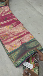 Pink And Teal Green Banaras Silk Saree For women With Unstitched Blouse
