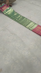 Mint Green And Pink Banaras Silk Saree For women With Unstitched Blouse