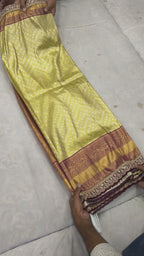 Olive Green And Maroon Banaras Silk Saree For women With Unstitched Blouse