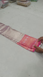 Light Grey And Pink Banaras Silk Saree For women With Unstitched Blouse