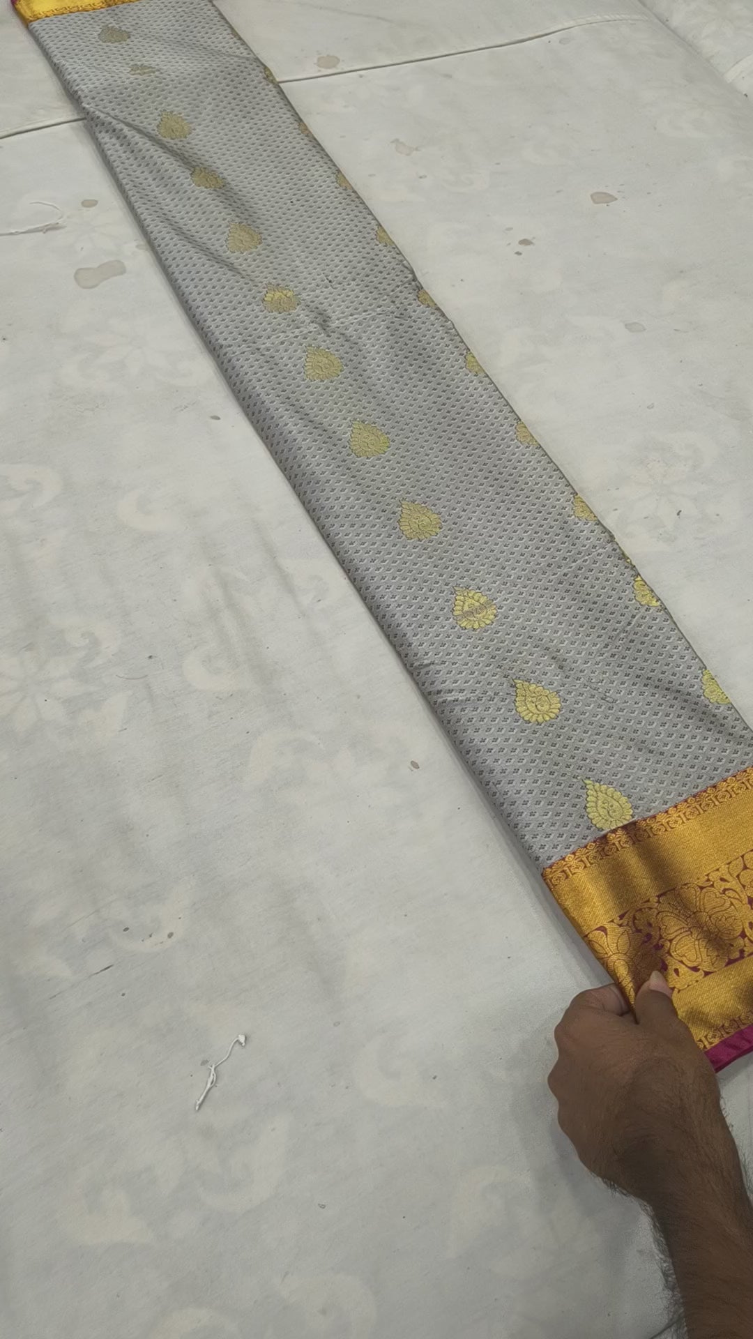 Grey And Mustard Yellow Kanchipuram Silk Saree For women With Unstitched Blouse