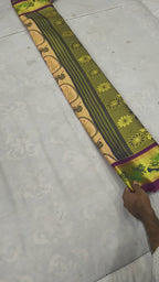 Beige And Purple Kanchipuram Silk Saree For women With Unstitched Blouse
