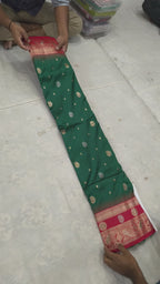 Teal Green And Red Banaras Silk Saree For women With Unstitched Blouse